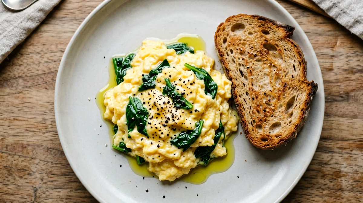 Scrambled eggs with spinach and whole wheat toast