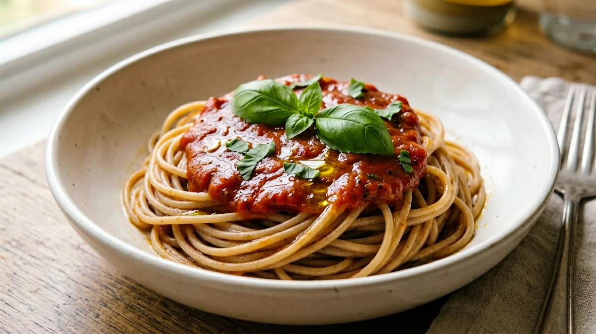 Whole wheat pasta with tomato and basil