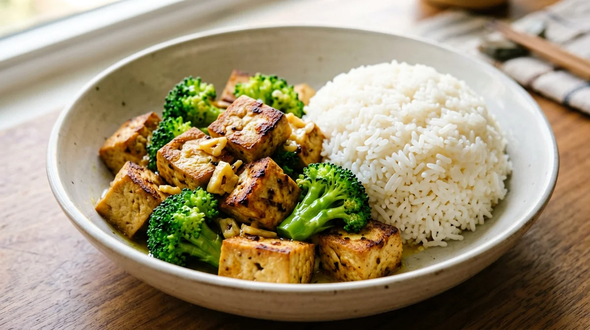 Tofu saltato con broccoli e riso
