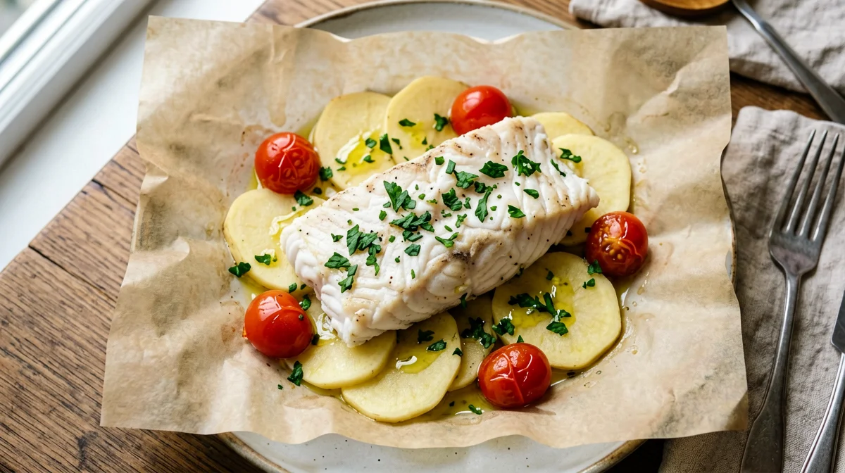 Cod with cherry tomatoes and potatoes