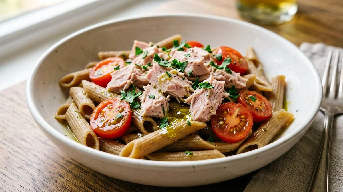 Pasta integrale con tonno e pomodorini
