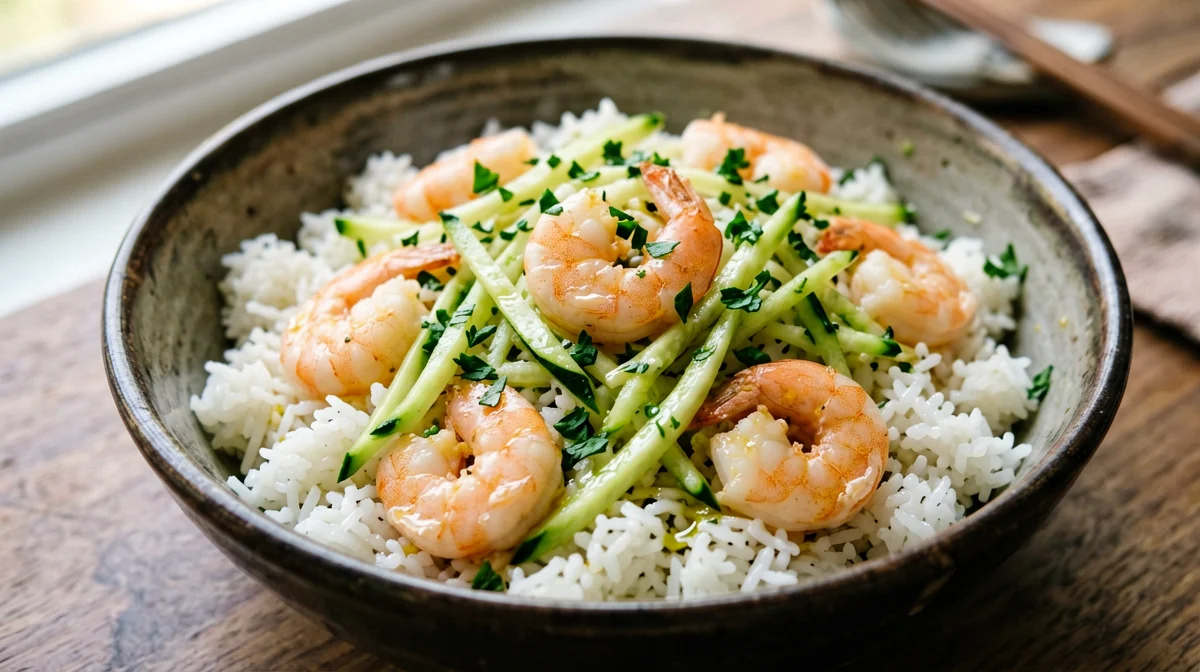 Gamberi saltati con zucchine e riso