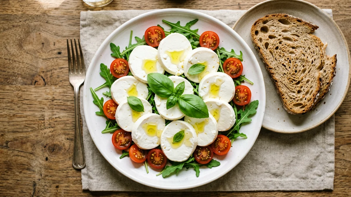 Caprese salad with arugula and whole wheat bread