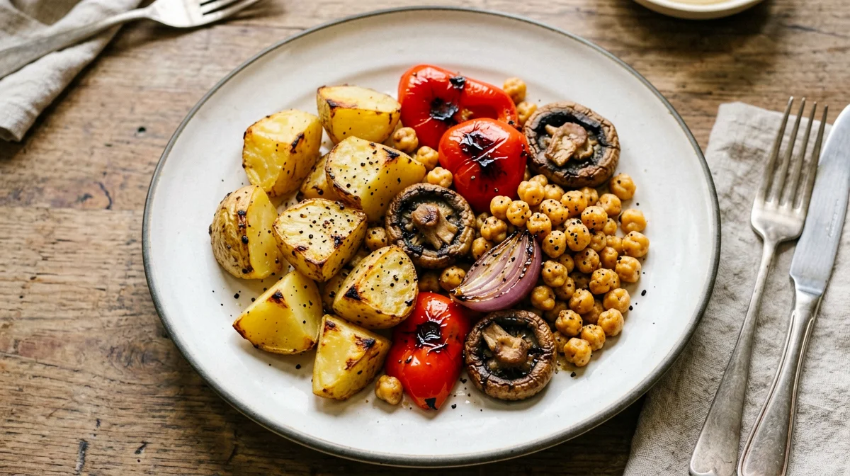 Roasted potatoes and vegetables with crispy chickpeas