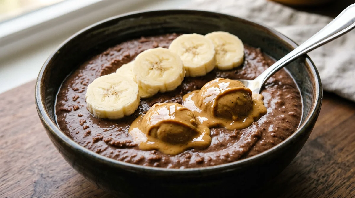 Cocoa porridge with banana and peanut butter