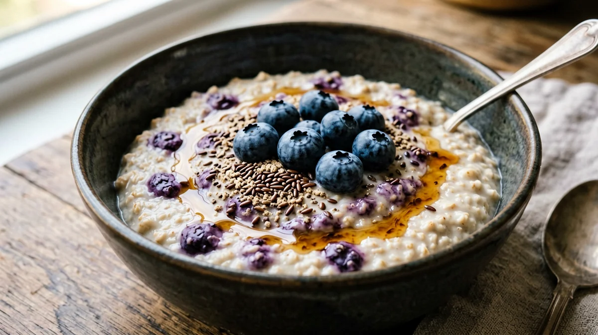Porridge con bevanda di soia, mirtilli e semi di lino