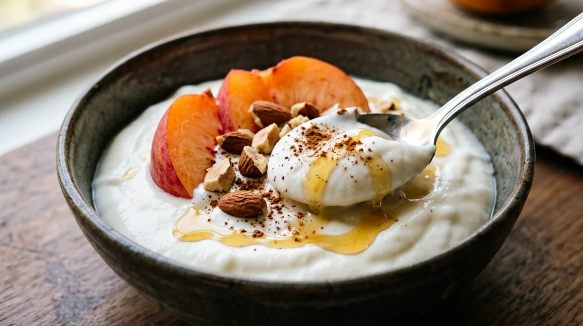 Crema di riso al latte con pesche e cannella