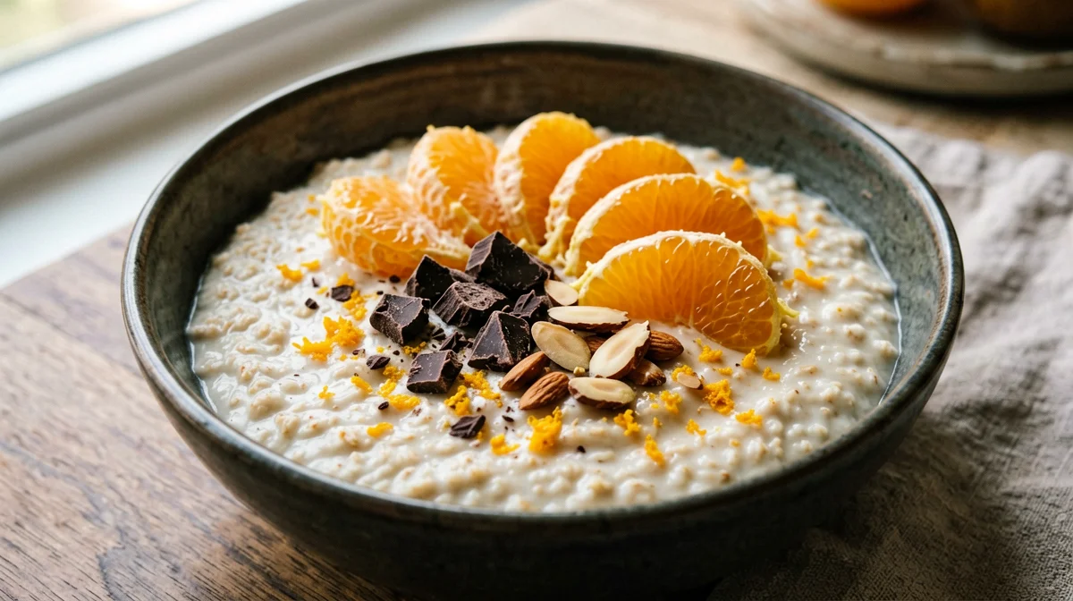 Porridge all'arancia con cioccolato fondente e mandorle