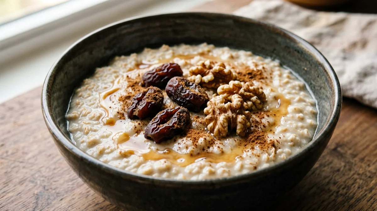 Porridge vegano con datteri e bevanda d'avena