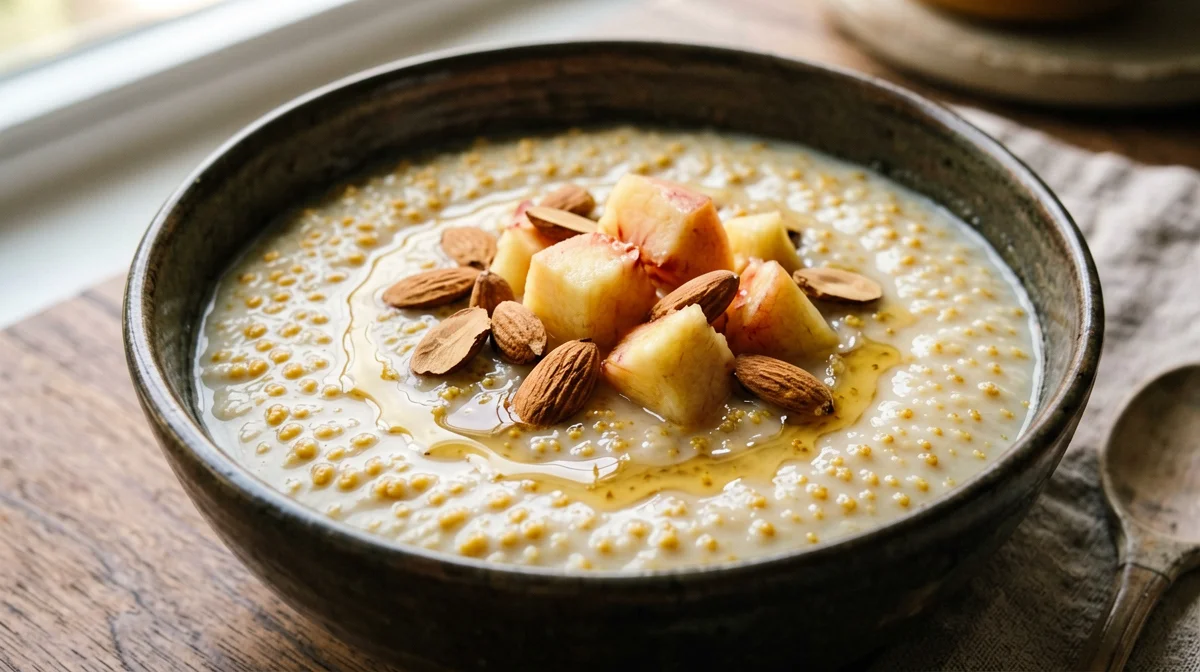 Amaranto al latte con pesche e mandorle