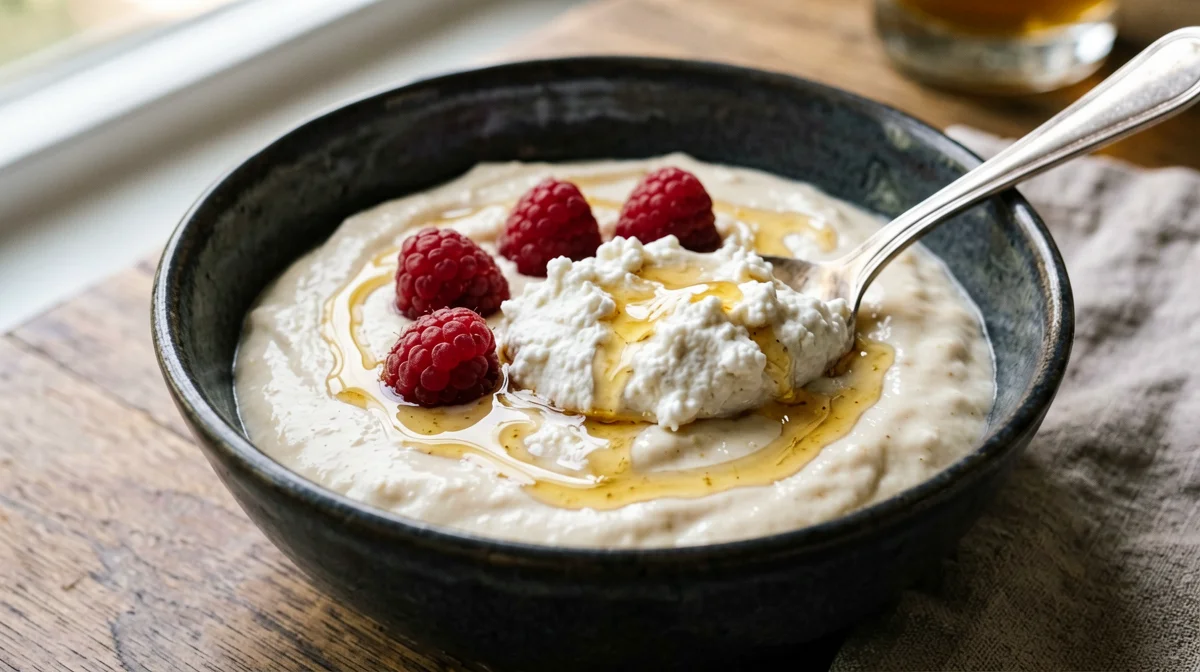 Crema d'avena con quark e lamponi