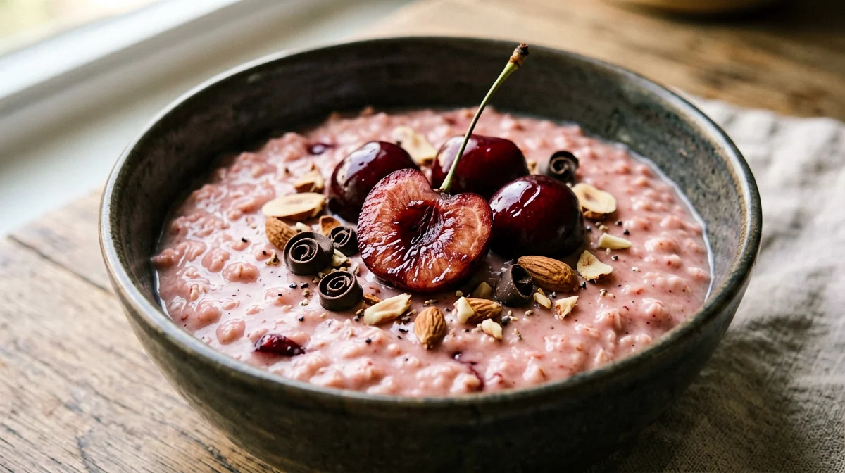 Cherry porridge with dark chocolate shavings
