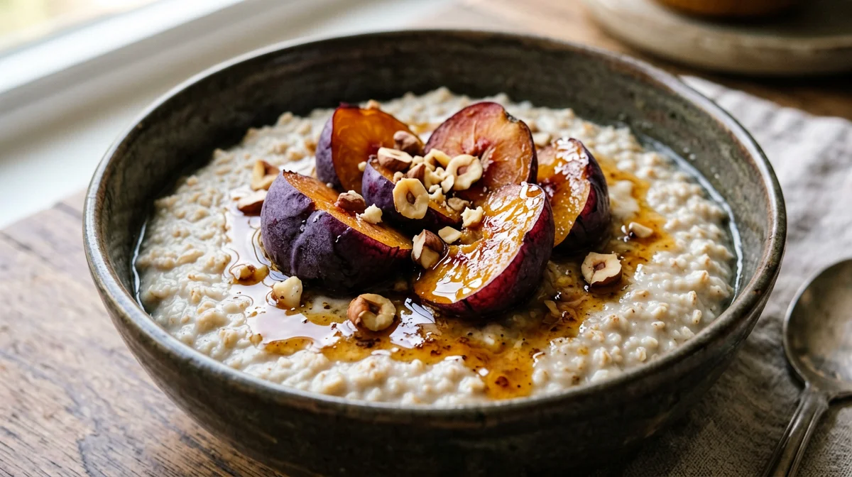 Porridge with stewed fresh plums and cinnamon