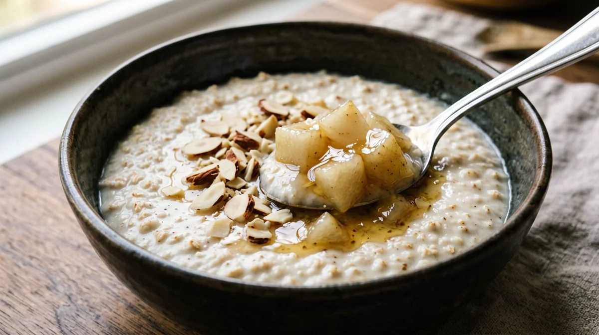Vanilla porridge with poached pear and almond milk