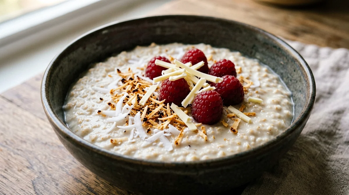 Porridge al cocco con lamponi e cioccolato bianco