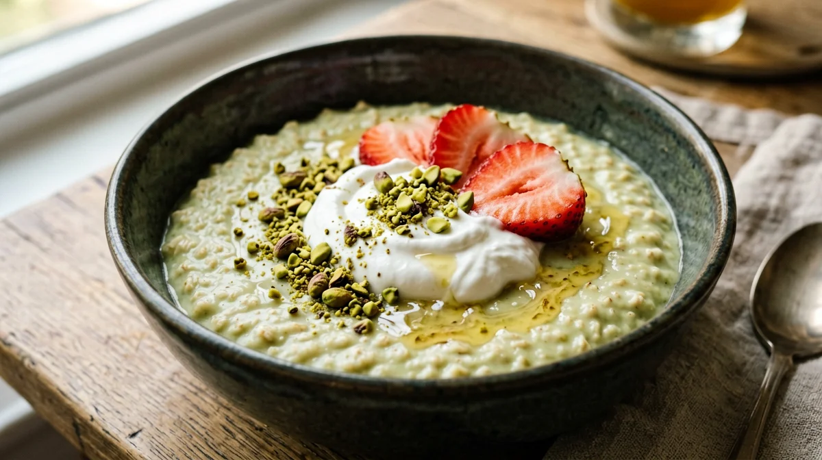 Porridge al pistacchio con yogurt greco e fragole