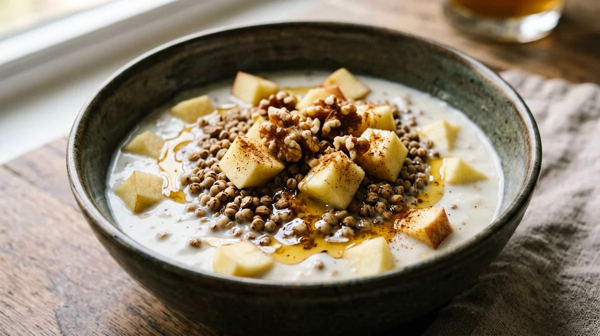 Whole buckwheat in milk with apple and walnuts