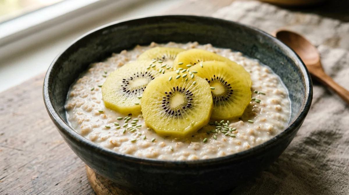 Porridge vegano con kiwi giallo e semi di canapa