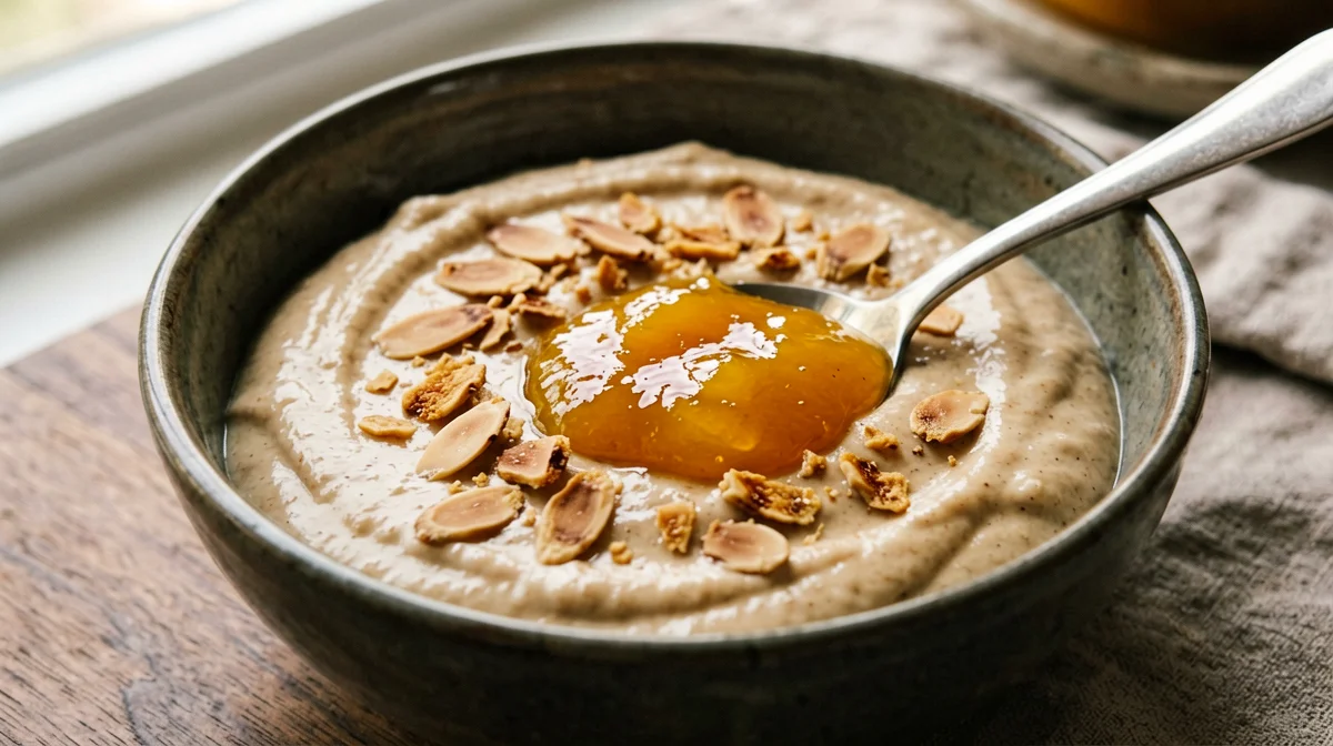 Spelt cream with apricot jam and almonds