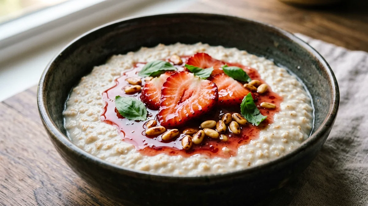Porridge with basil-marinated strawberries