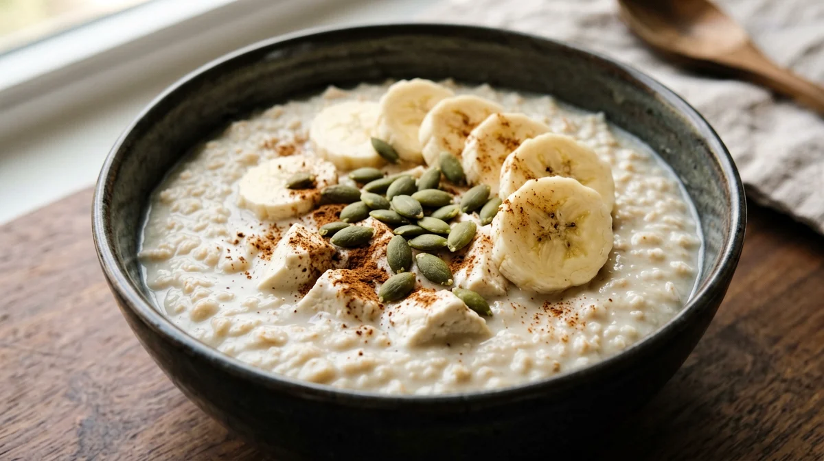 Vegan silken tofu porridge with banana and cinnamon