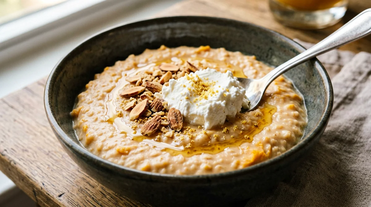 Pumpkin and ricotta porridge with almond crumble