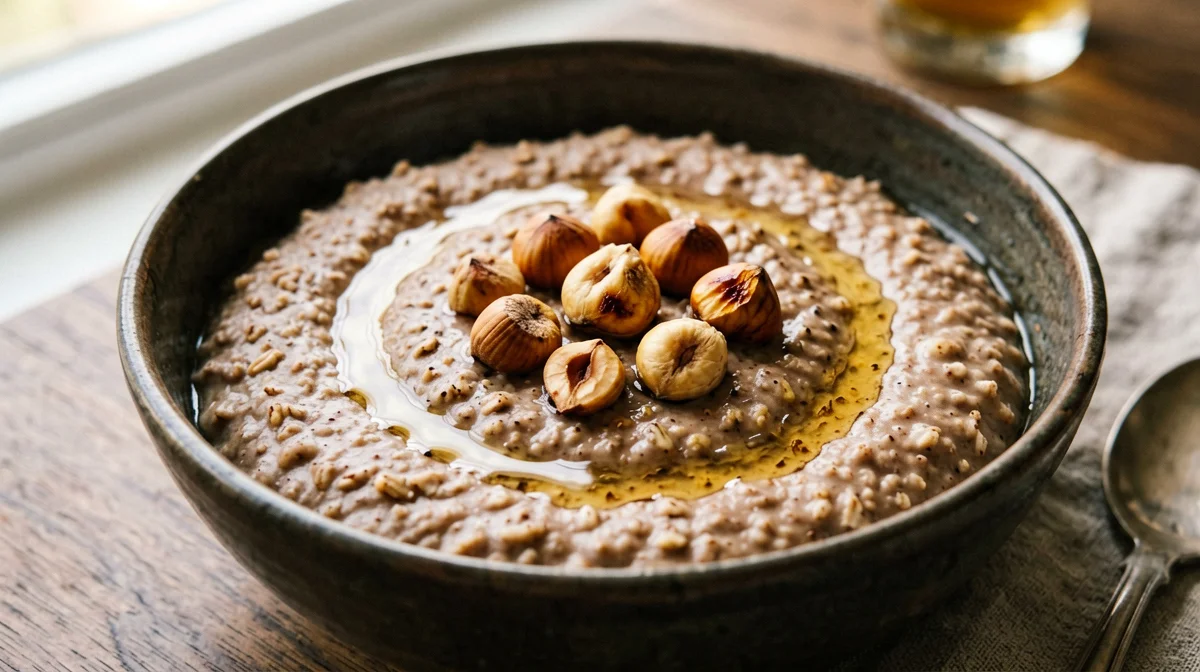 Porridge di avena e farro con nocciole e cacao