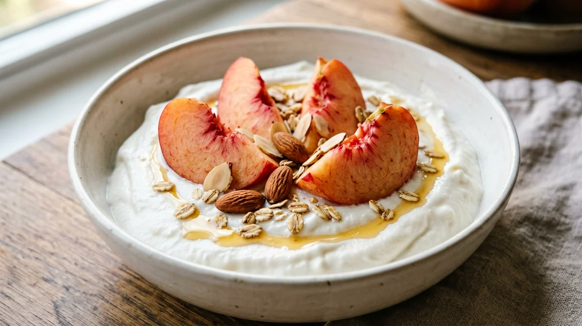 Skyr con pesche, mandorle tostate e miele