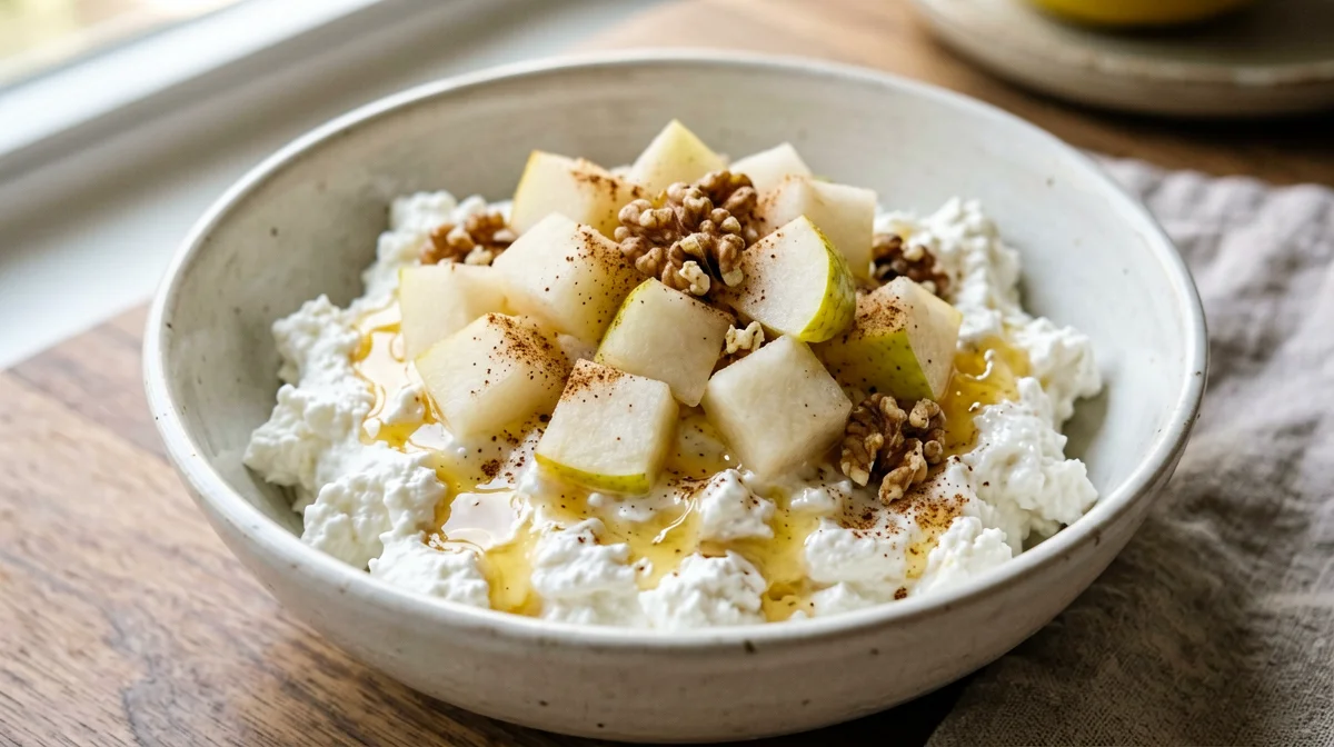 Cottage cheese with pear, walnuts and cinnamon