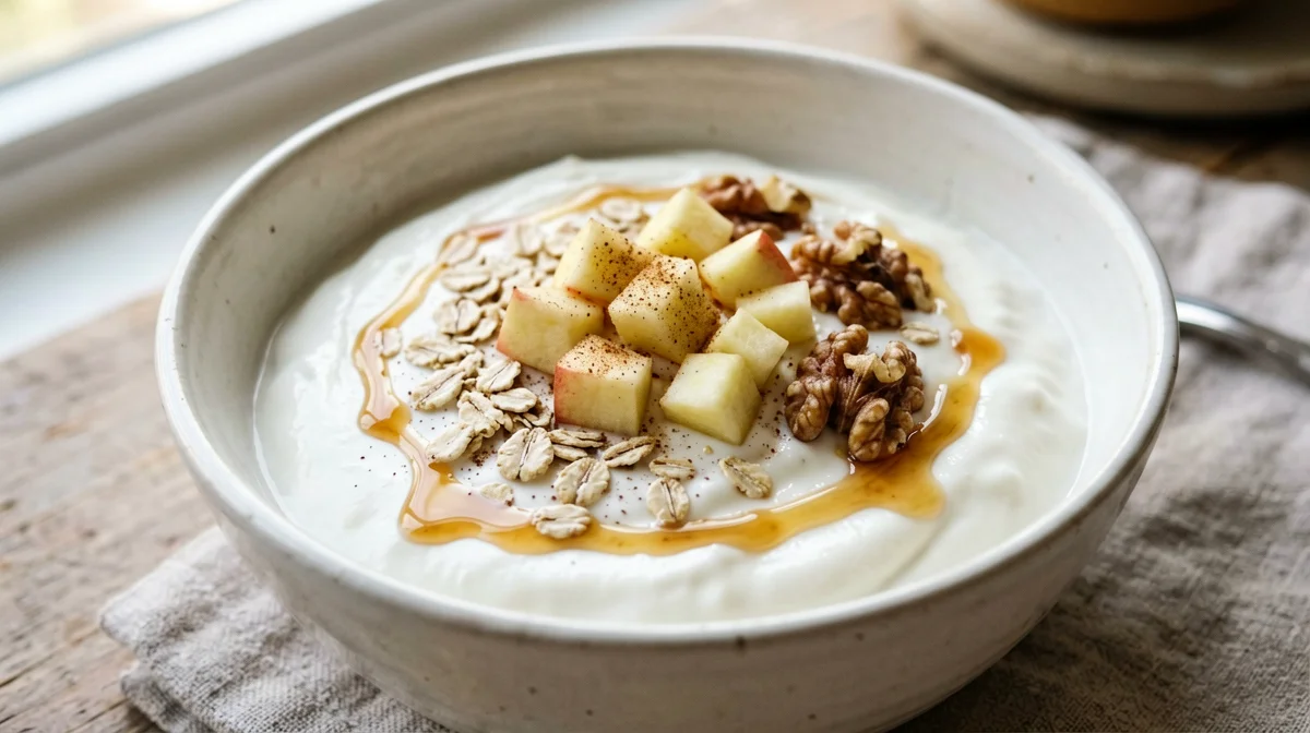Soy yogurt with apple, cinnamon and walnuts