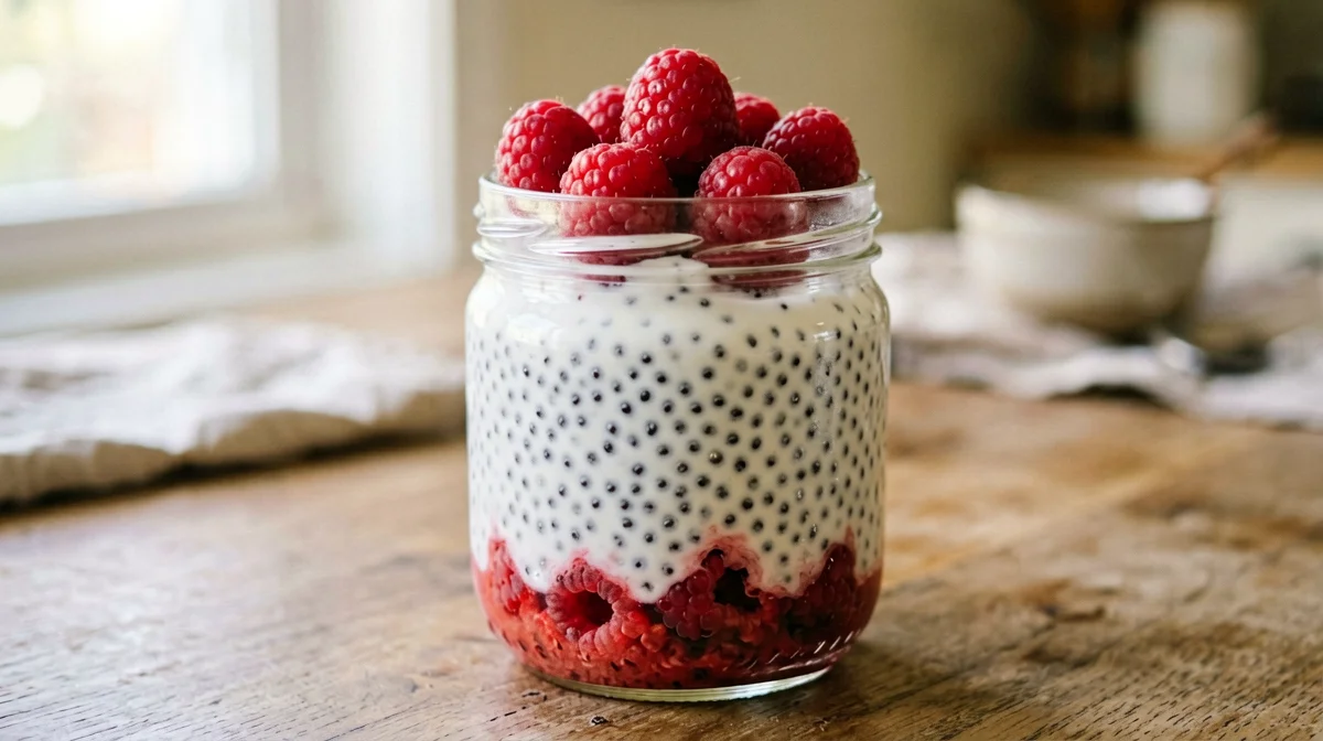 Budino di chia al latte di cocco con lamponi