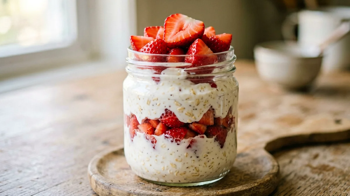 Overnight oats con skyr, fragole e vaniglia