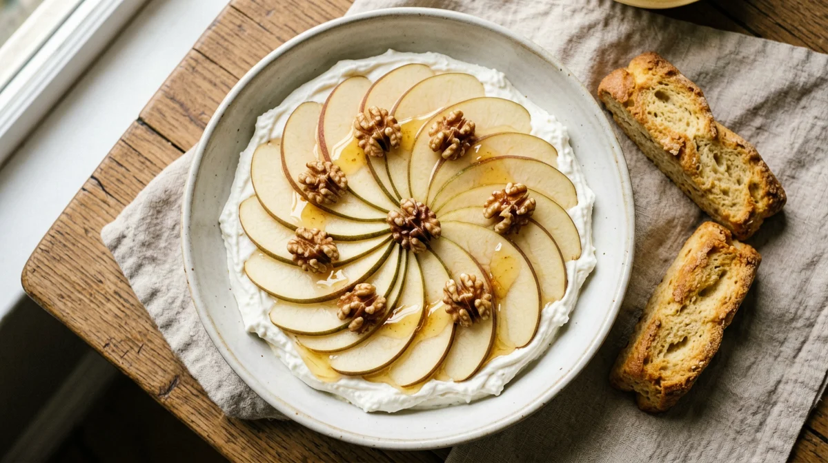 Ricotta con pera a fettine, noci e miele
