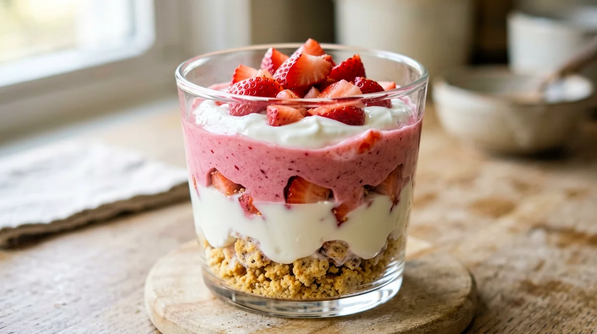 Coppa di yogurt, fragole e fette biscottate sbriciolate