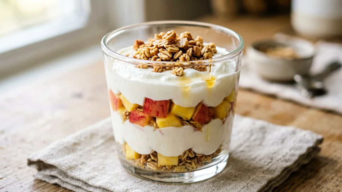 Coppa a strati di yogurt greco, pesche e granola