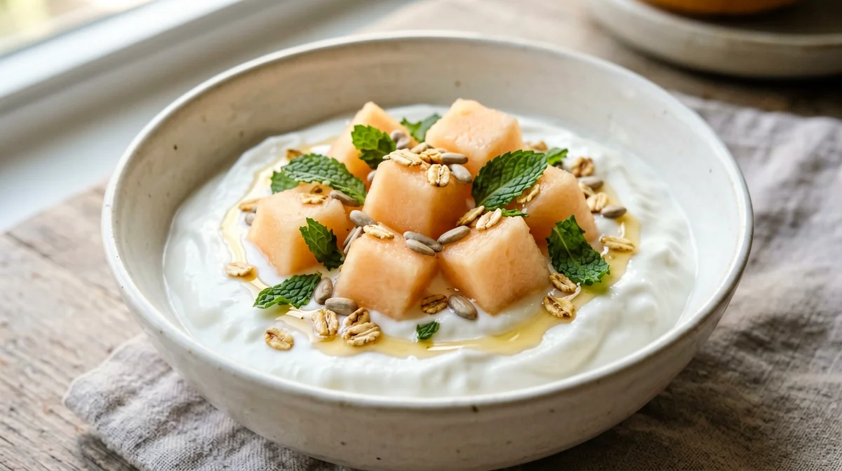 Yogurt with melon, mint and sunflower seeds