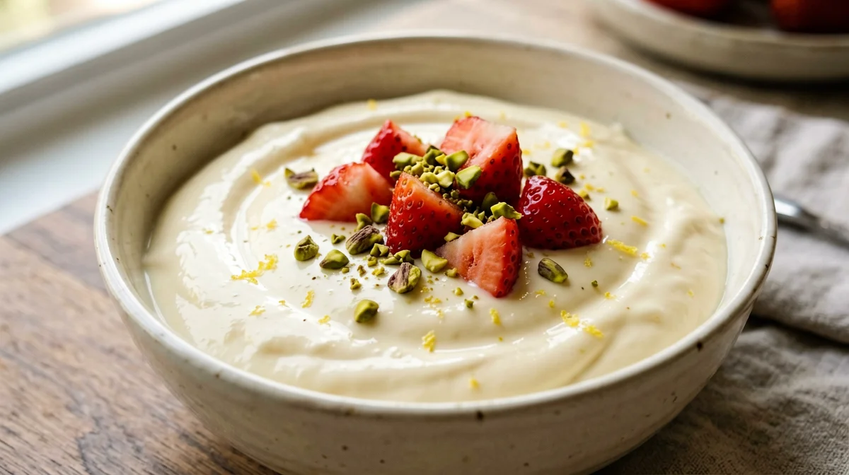Crema di tofu alla vaniglia con fragole e pistacchi