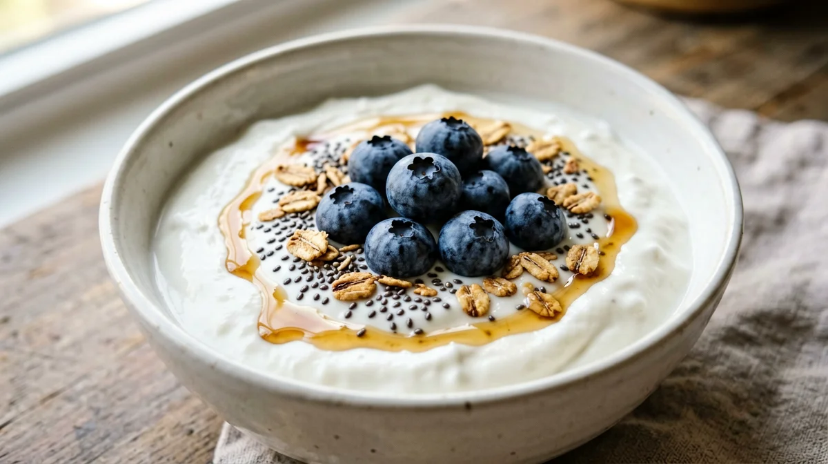 Soy yogurt with chia seeds and blueberries
