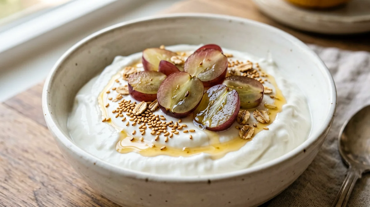 Yogurt greco con uva, sesamo tostato e miele
