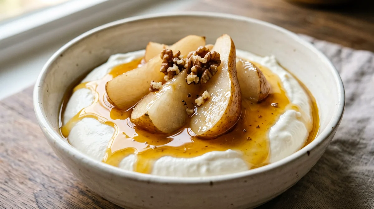 Vanilla quark with spiced orange-poached pear
