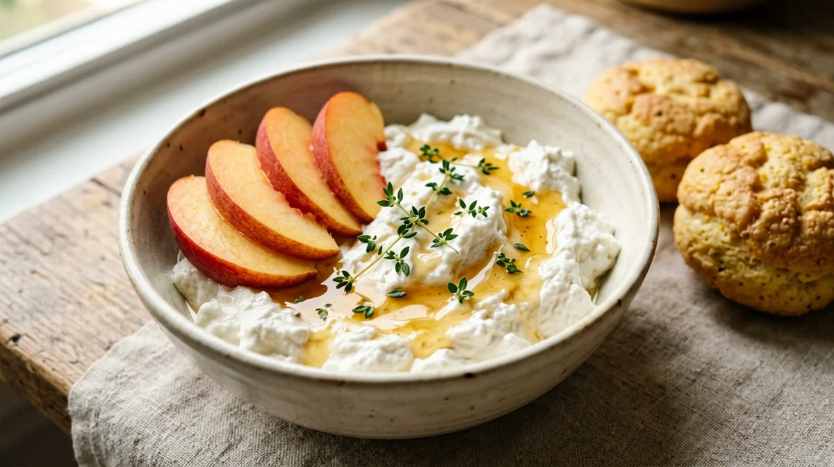 Cottage cheese with peach, thyme and honey