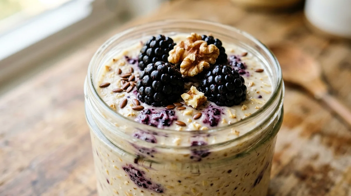 Overnight oats vegani con more e semi di lino