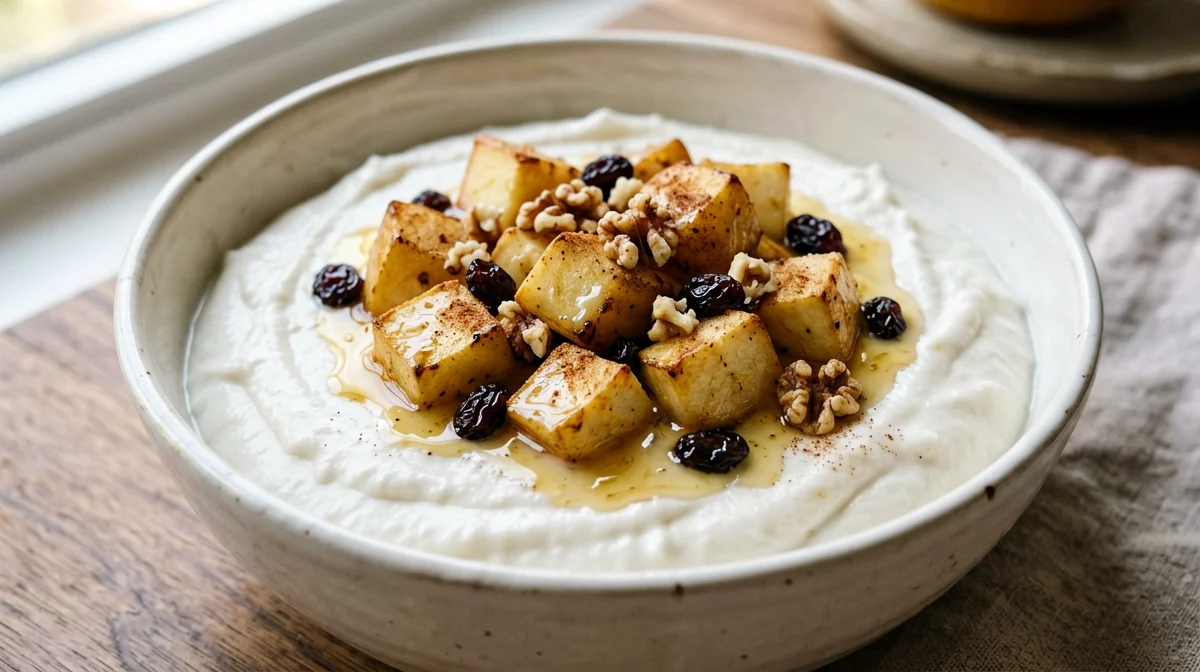 Skyr with sautéed apples, walnuts and cinnamon