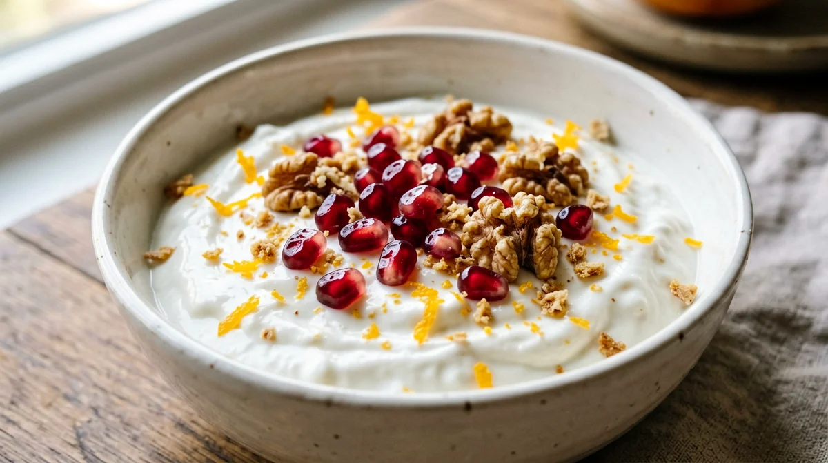 Greek yogurt with pomegranate, walnuts and orange zest