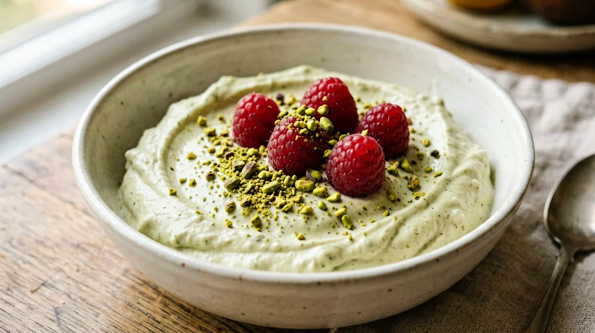 Crema di ricotta e skyr al pistacchio con lamponi
