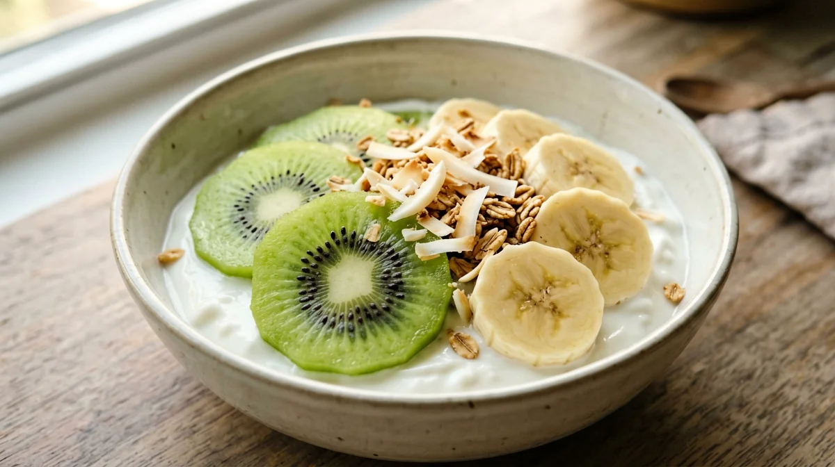 Yogurt con kiwi, banana e cocco tostato