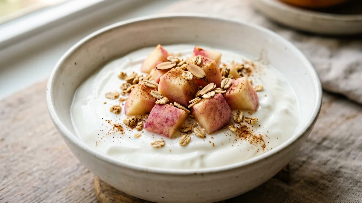 Soy yogurt with peaches and almond crumble
