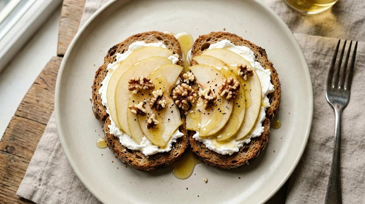 Rye bread with ricotta, pear and walnuts