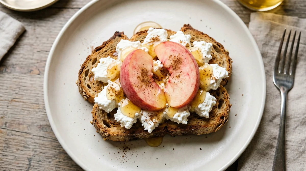 Toast integrale con fiocchi di latte, pesche e cannella