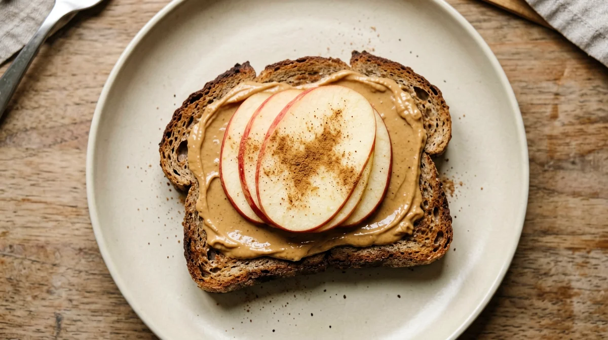 Rye bread with peanut butter and apple